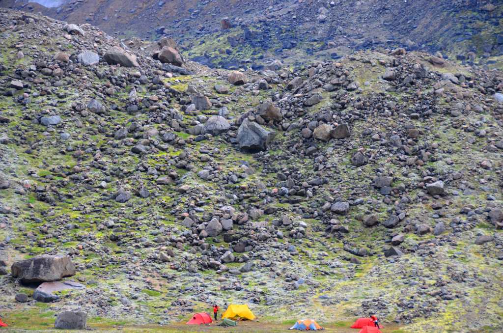 We hiked down Windy Lake moraine to set up camp.  Can you see our path?